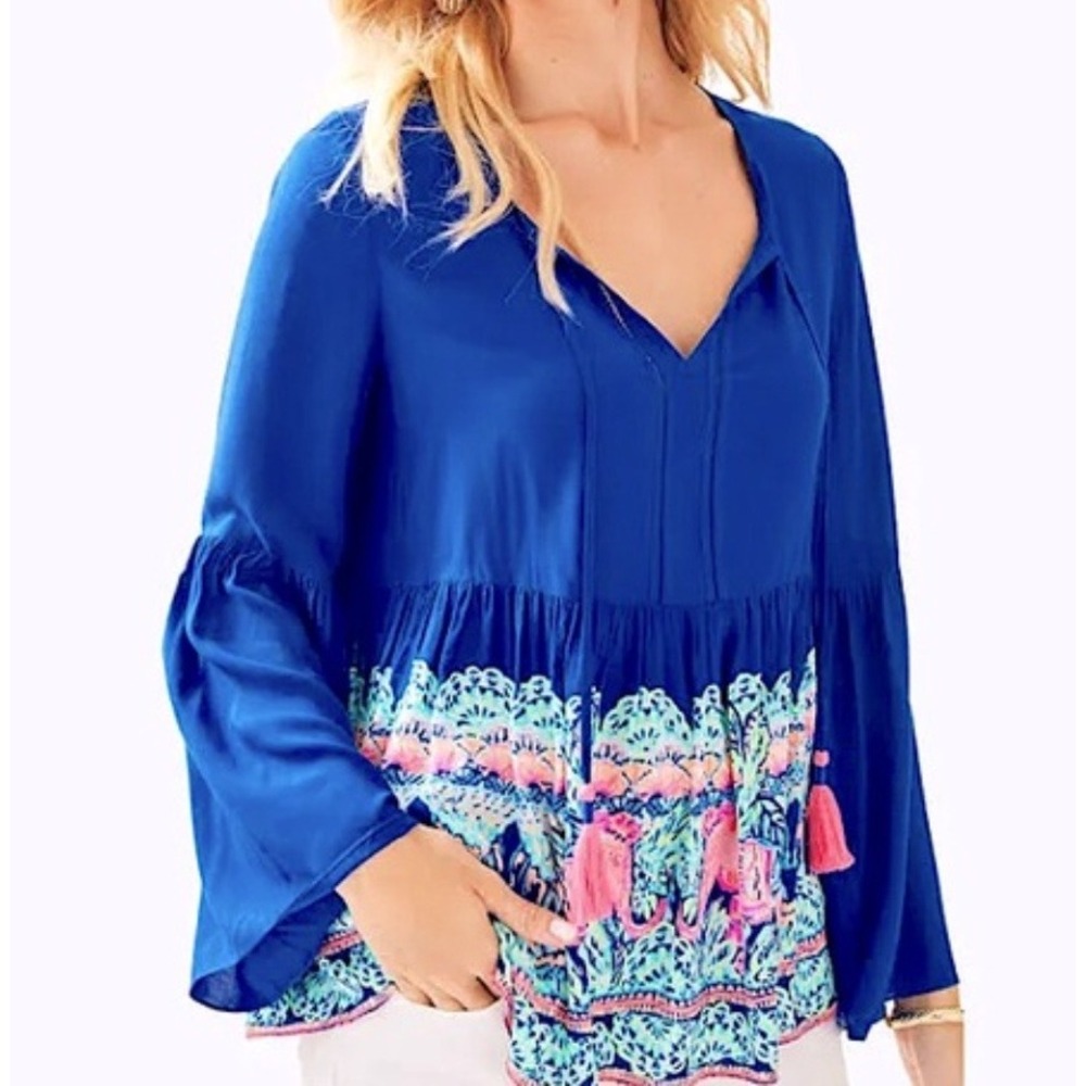 Lilly Pulitzer Kahli‎ Elephant Babydoll Tassel Bell Sleeve Top Blue XS Coastal